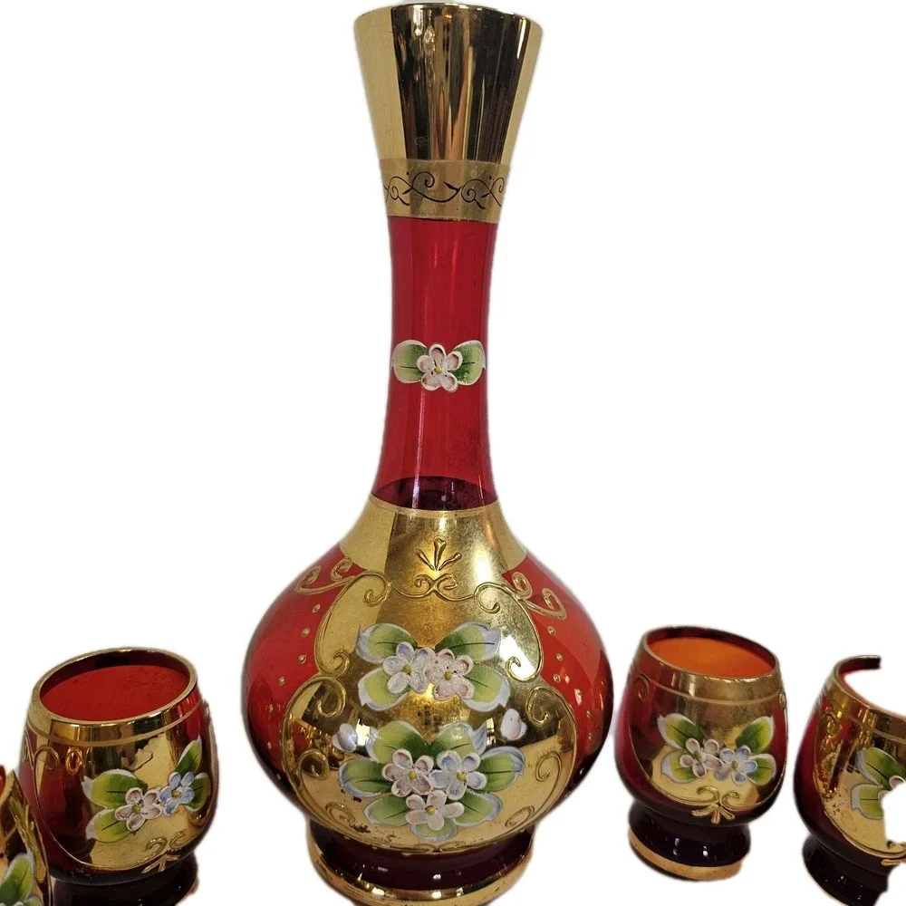 Vtg Bohemian Ruby Red Gold Hand Painted Florals Decanter Set W/ 6 Shot Glasses